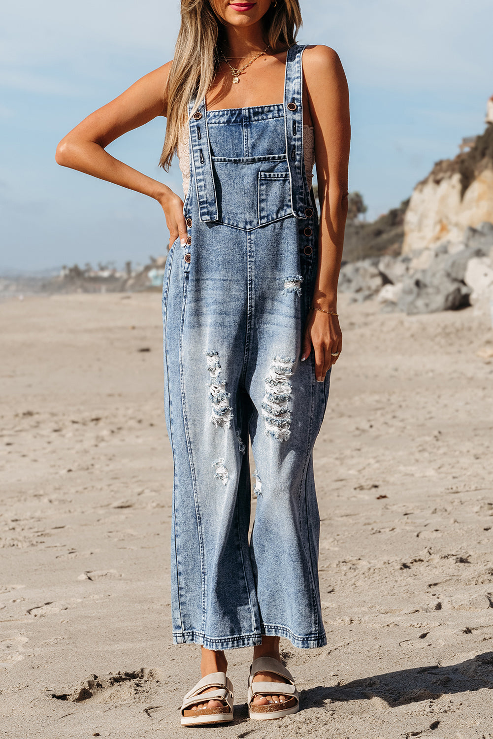 Blue Stone Washed Distressed Bib Pocket Wide Leg Denim Overall Tie Straps