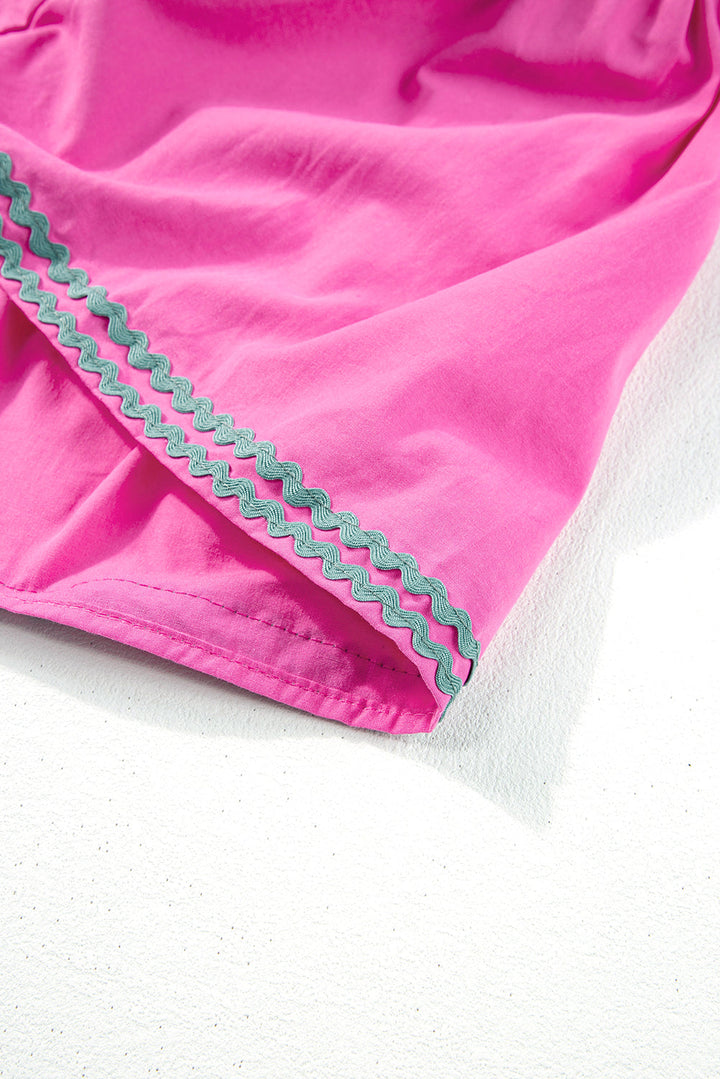 Hot Pink Ric Rac Trimmed Flutter Sleeve V Neck Tiered Dress