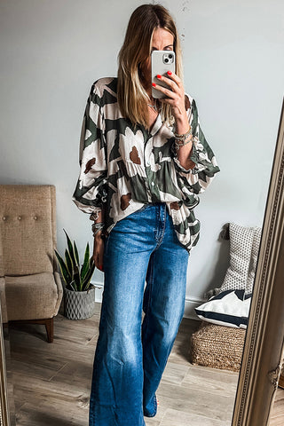 Floral Print Puff Sleeve Half Button Blouse in Olive