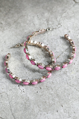 Pink Scalloped Faux Gem Inlay Hoop Pierced Earrings