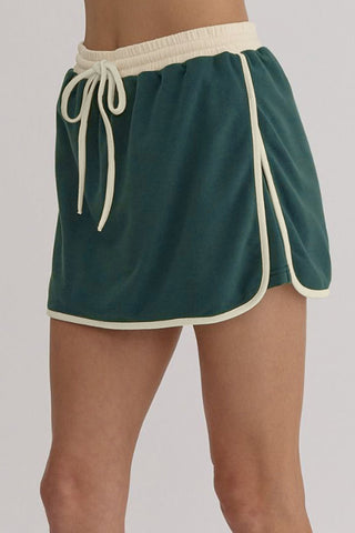 Mallard Green Color Contrast Loose Pullover and Lace-up Waist Skort Set