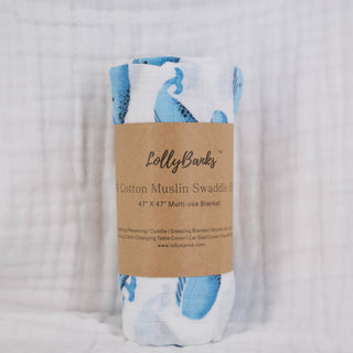 LollyBanks Whale Print Muslin Swaddle Blanket