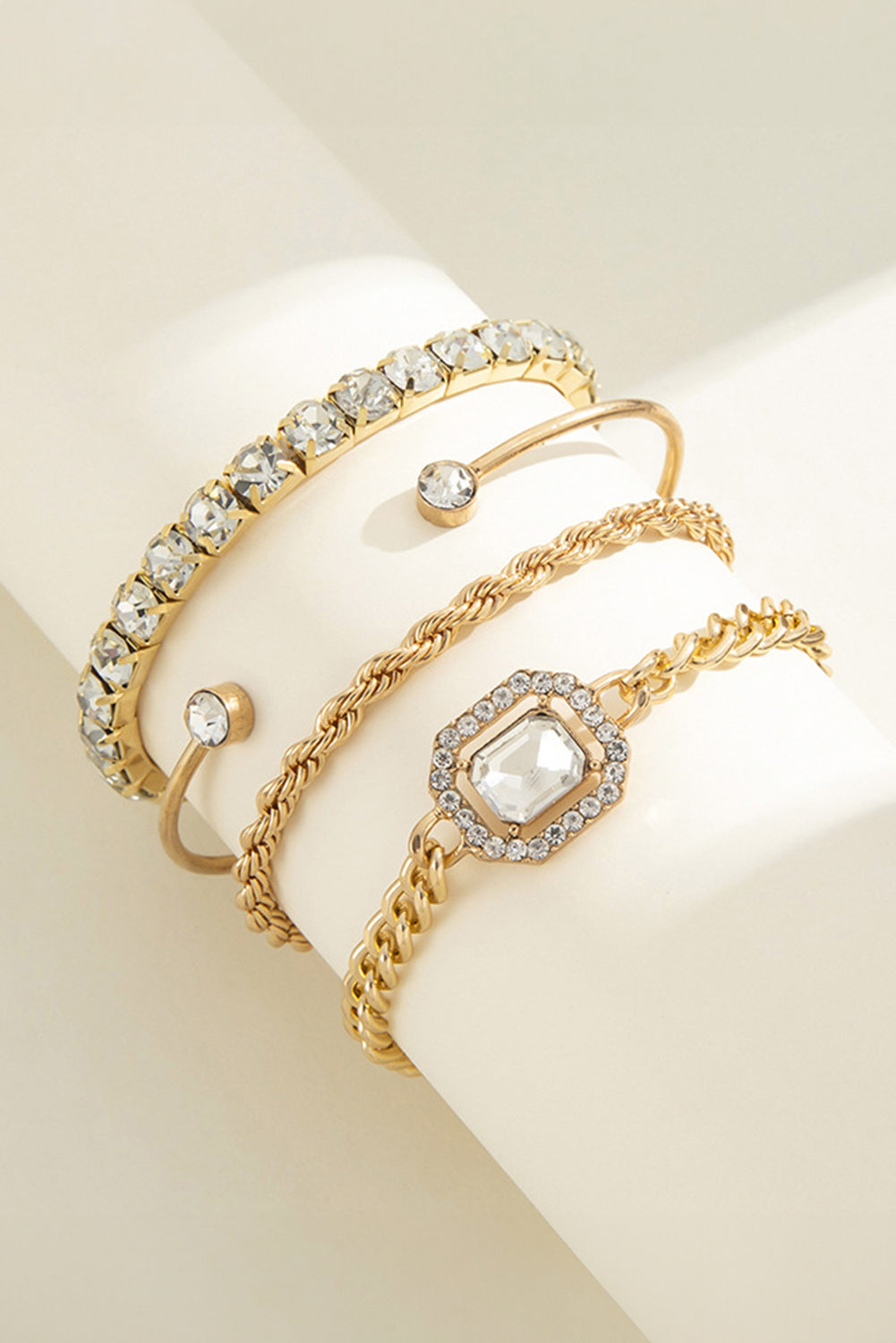Gold Plated Rhinestone Tennis Bracelet, Bangle and Chain Bracelet Set 4 Piece