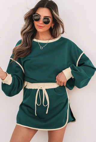 Mallard Green Color Contrast Loose Pullover and Lace-up Waist Skort Set