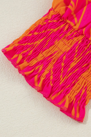 Neon Hot Pink & Orange Tropical Leaf Printed Smocked Lantern Sleeve Plus Size Blouse