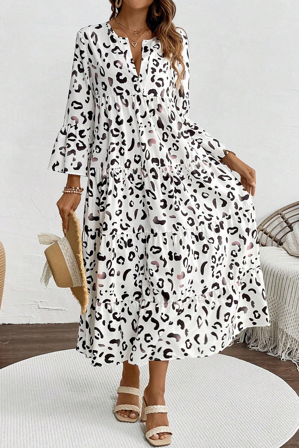 White Leopard Print V Neck Ruffle Sleeve Loose Fit Maxi Dress