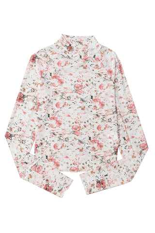 White Floral Long Sleeve High Neck Sheer Top