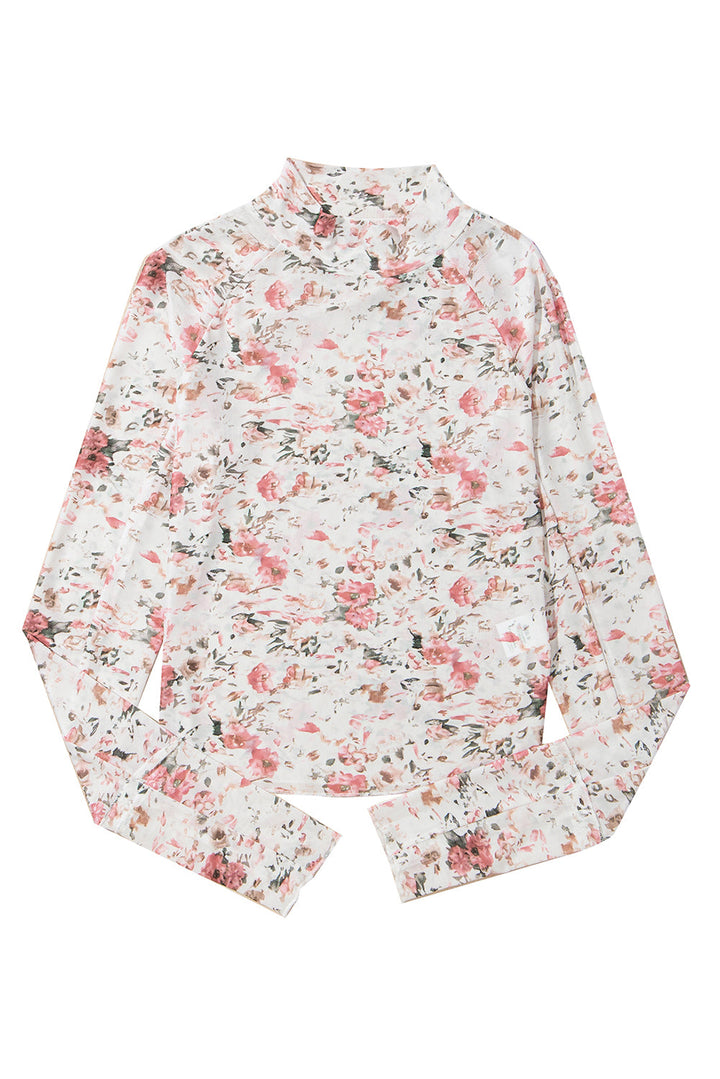 White Floral Long Sleeve High Neck Sheer Top