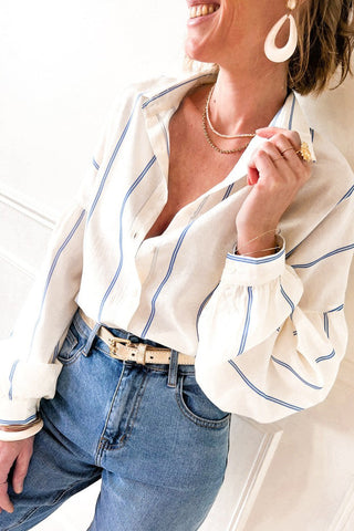 Ivory and Blue Stripe Balloon Sleeve Button Front Blouse