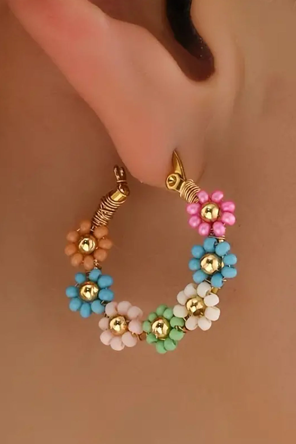 Beaded Pastel Floral Gold Tone Hoop Pierced Earrings