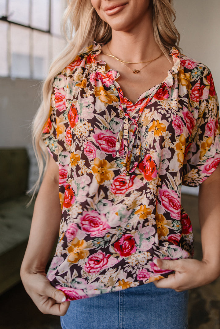 Floral Print Ruffle Collar Short Sleeve Blouse