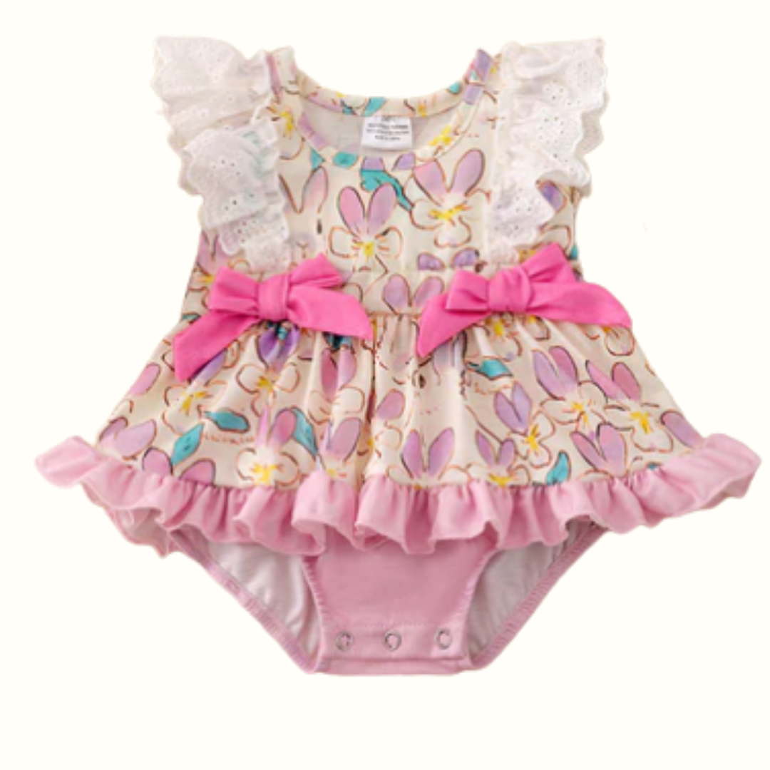 Spring Floral Infant Girls One Piece Ruffle Shoulder Romper and Ruffle Skirt