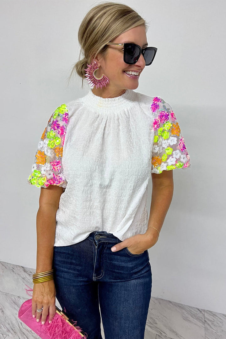 White High Collar Sequin Flower Puff Sleeve Textured Top