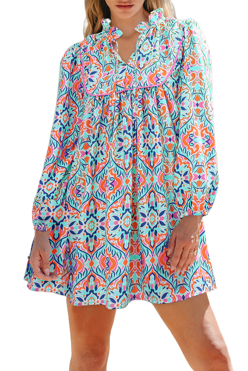 Abstract Printed Long Sleeve Tie Ruffle Neckline Mini Dress