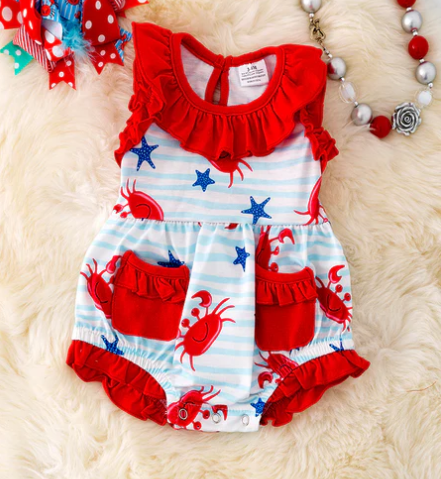 Blue Striped Red Ruffle Shoulder Infant Romper With Crabs and Starfish